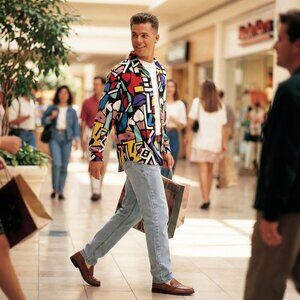 Big Dart Mens Abstract Geometric Print Button Up Shirt Vintage 90s Viscose M HTF